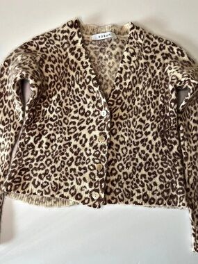 Kokun Printed Cropped V Cardigan In Cheetah Brown & Cream XS Cashmere & Silk